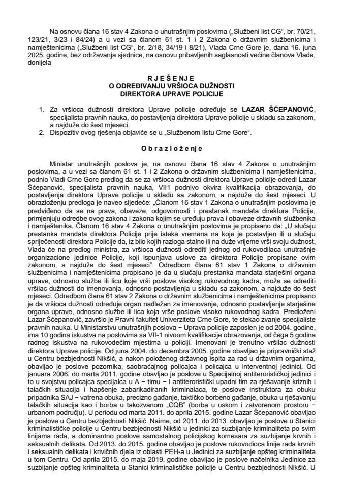 Predlog za određivanje vršioca dužnosti direktora Uprave policije