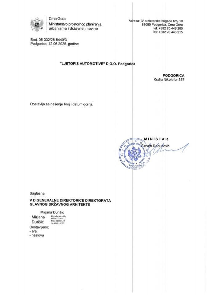 Rješenja glavnog državnog arhitekte - 12.06.2025 Rješenje -LJETOPIS AUTOMOTIVE DOO, Podgorica -Glavni grad Podgorica