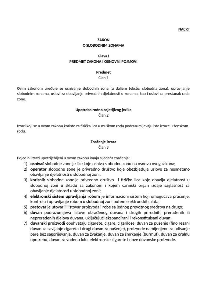 3_Nacrt Zakona o slobodnim zonama sa obrazloženjem 16.06.2025 godine