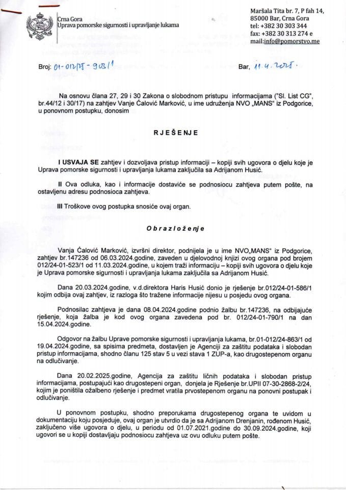 Rješenje o SPI br. 01-012-25-903-1 od 11.4.2025. na zahtjev MANS-a