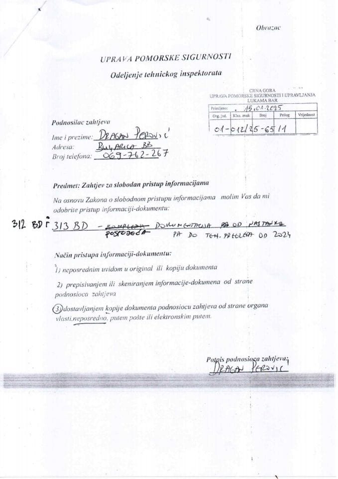Zahtjev broj 01-012-25-65-1 od 15.1.2025. Dragan Perovic o tehničkim pregledima brodova 312BD i 313 BD od nastanka do 2024.god.  i Rjesenje o SPI