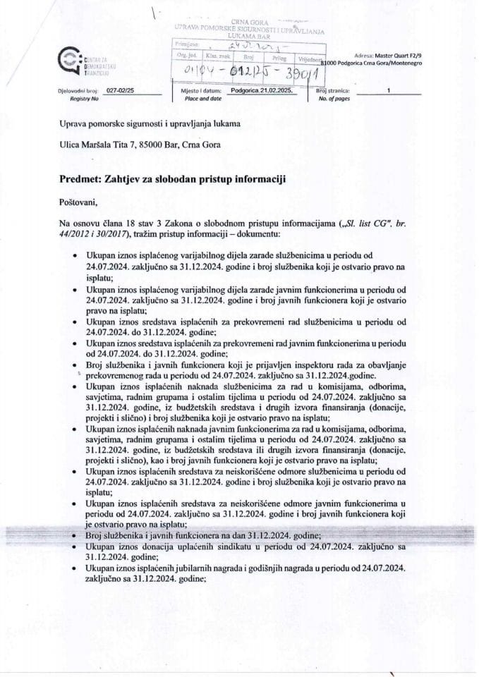 Zahtjev SPI br.027-02-25 od 21.2.2025.godine, izvršni direktor CDT-a Dragan Koprivica i Rjesenje SPI