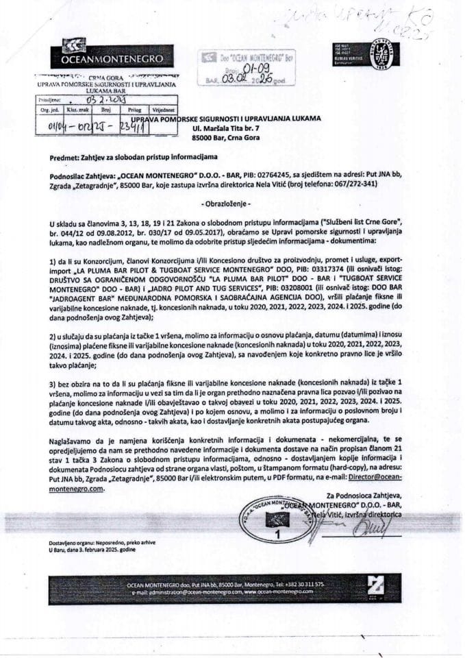 Zahtjev SPI 01-09 od 03.02.2025.god Ocean Montenegro DOO, Nela Vitić, izvršna direktorica,Informacije o naplati koncesione naknade i Rjesenje SPI