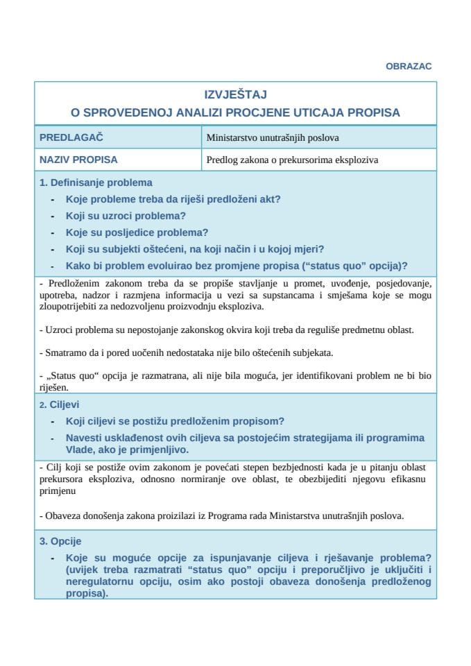 Izvještaj o sprovedenoj analizi procjene uticaja propisa