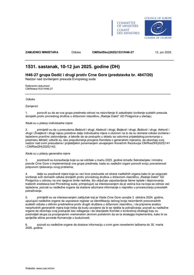 Резолуција Комитета министара Савјета Европе о затварању надзора над извршењем индивидуалних мјера по пресудама донијетим по представкама бивших радника привредног друштва Радоје Дакић