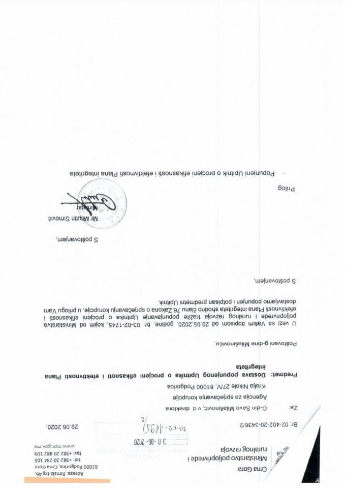 Достава попуњеног упитника о процјени ефикасности Плана интегритета