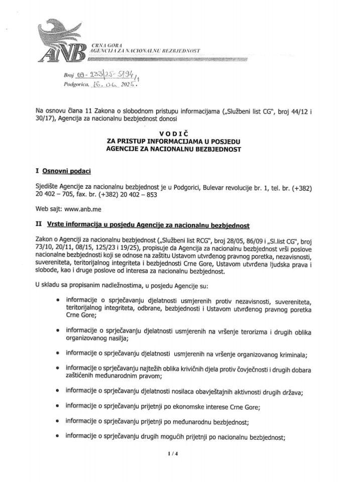 Водич за приступ информацијама у посједу Агенције за националну безбједност