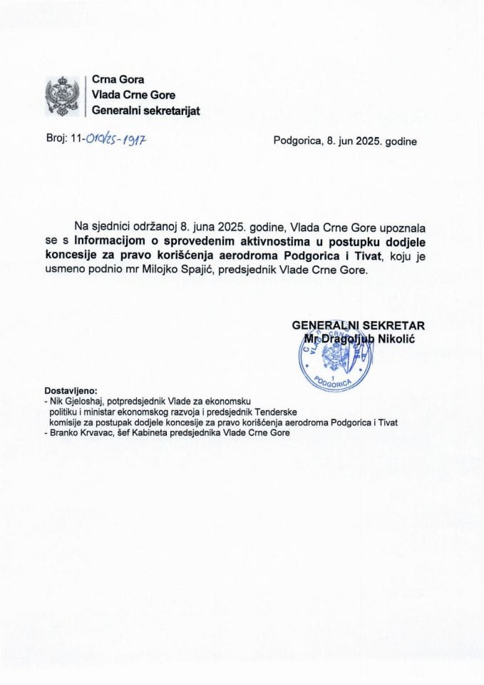 Usmena informacija o sprovedenim aktivnostima u postupku dodjele koncesije za pravo korišćenja aerodroma Podgorica i Tivat - zaključci