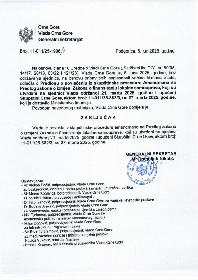 Predlog o povlačenju iz skupštinske procedure amandmana na Predlog zakona o izmjeni Zakona o finansiranju lokalne samouprave, koji su utvrđeni na sjednici Vlade održanoj 21. marta 2025. godine - zaključci