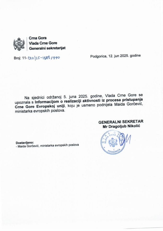 Усмена информација о реализацији активности из процеса приступања Црне Горе Европској унији - закључци