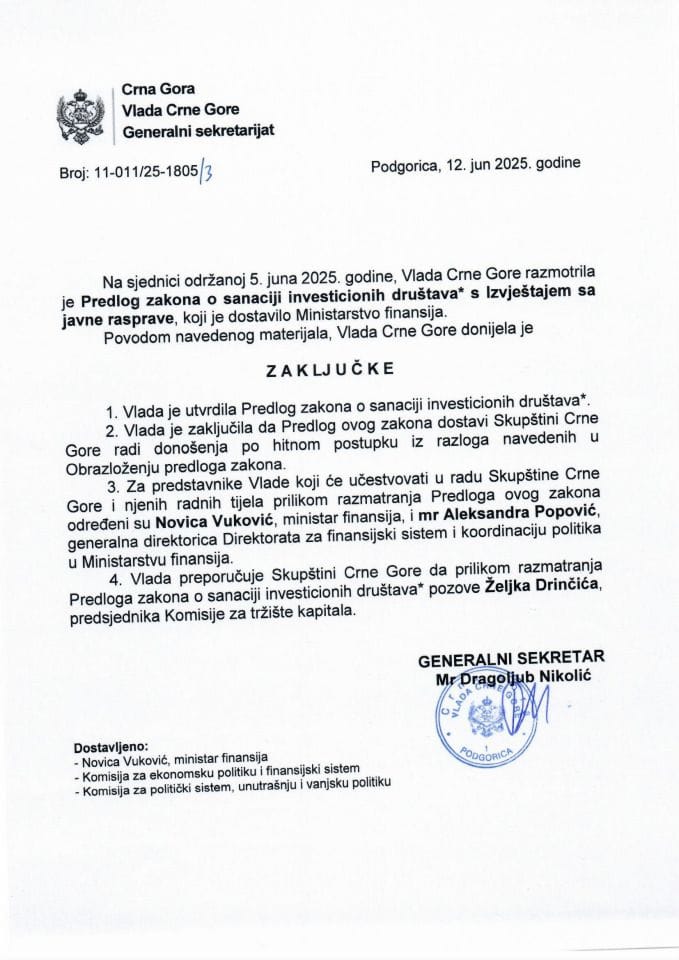 Predlog zakona o sanaciji investicionih društava⃰ s Izvještajem sa javne rasprave - zaključci
