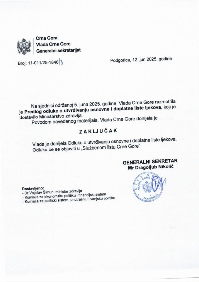 Predlog odluke o utvrđivanju osnovne i doplatne liste ljekova - zaključci