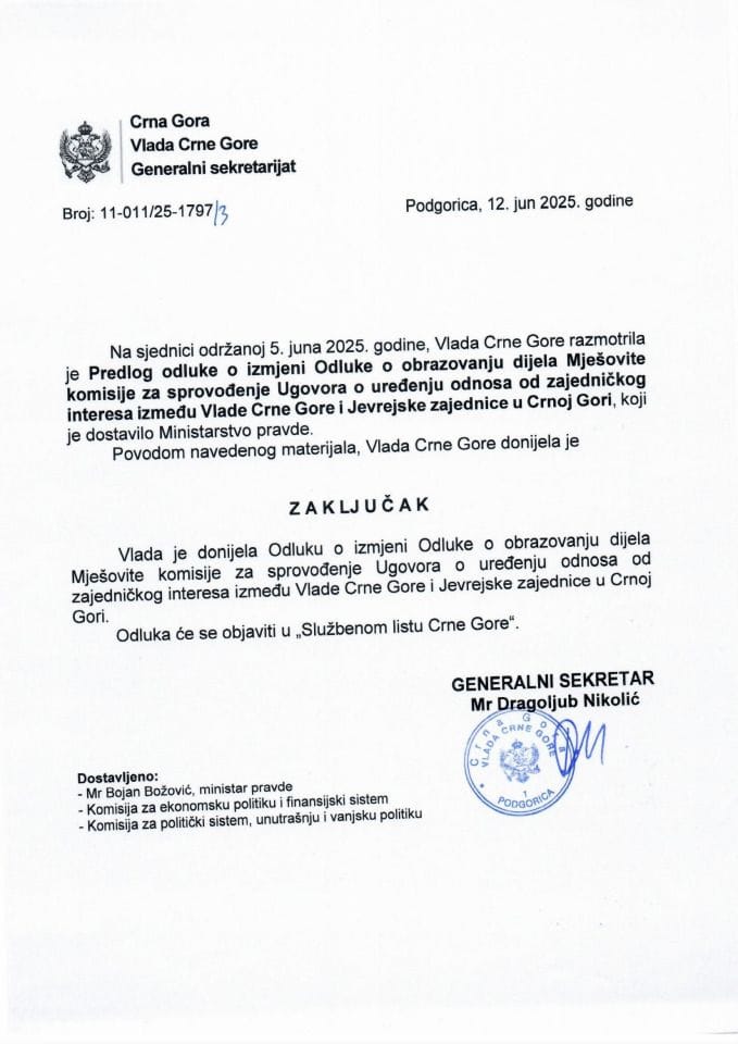 Predlog odluke o izmjeni Odluke o obrazovanju dijela Mješovite komisije za sprovođenje Ugovora o uređenju odnosa od zajedničkog interesa između Vlade Crne Gore i Jevrejske zajednice u Crnoj Gori - zaključci