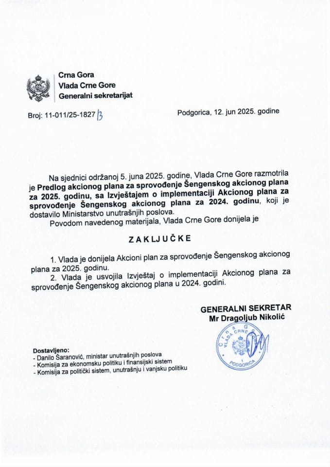 Predlog akcionog plana za sprovođenje Šengenskog akcionog plana za 2025. godinu sa Izvještajem o implementaciji Akcionog plana za sprovođenje Šengenskog akcionog plana za 2024. godinu - zaključci