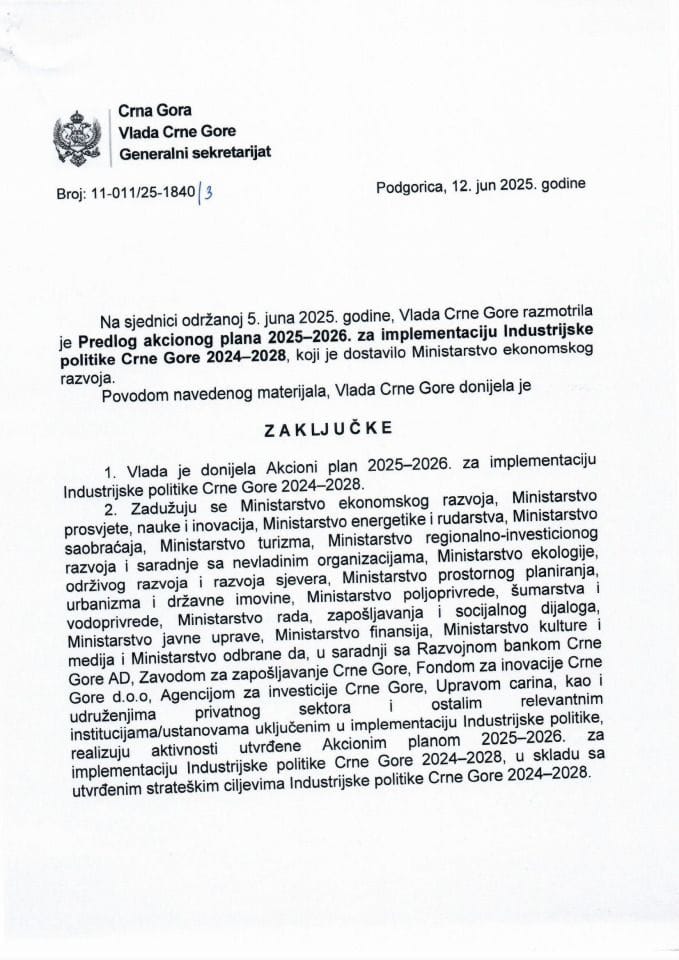 Предлог акционог плана 2025-2026. за имплементацију Индустријске политике Црне Горе 2024-2028. - закључци