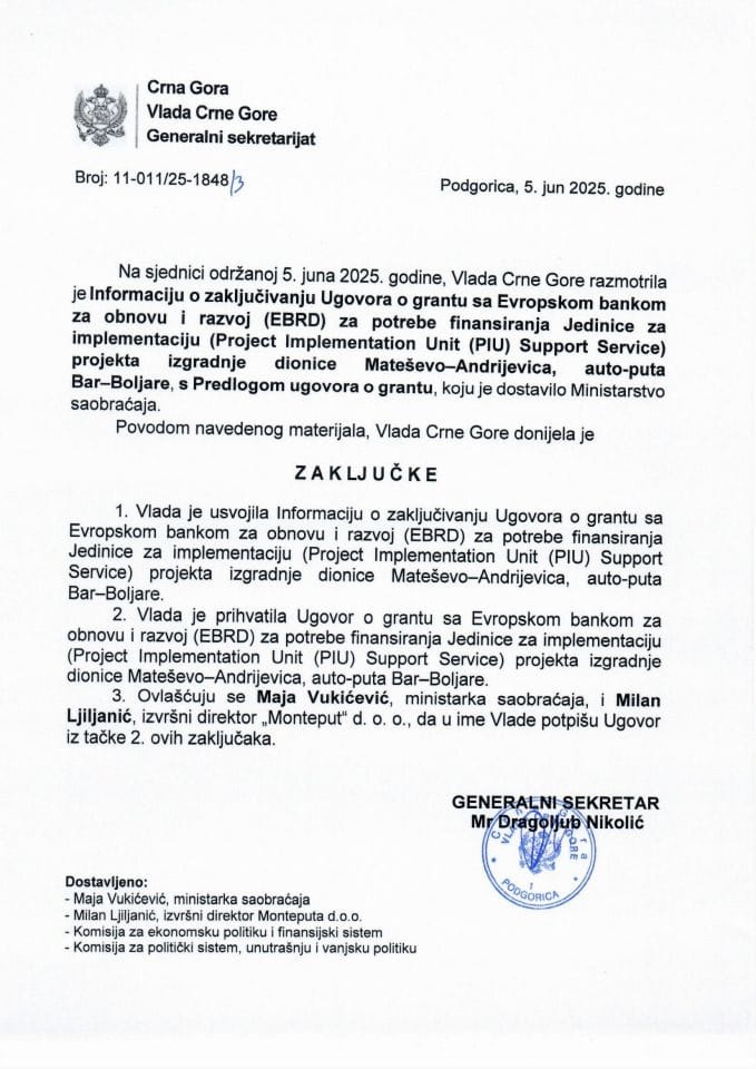 Informacija o zaključivanju Ugovora o grantu sa Evropskom bankom za obnovu i razvoj (EBRD) za potrebe finansiranja Jedinice za implementaciju (Project Implementation Unit (PIU) Support Service) - zaključci