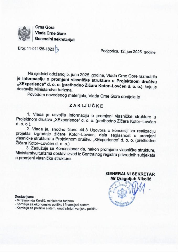 Informacija o promjeni vlasničke strukture u Projektnom društvu „XExperience“ d.o.o. (prethodno Žičara Kotor Lovćen d.o.o.) - zaključci