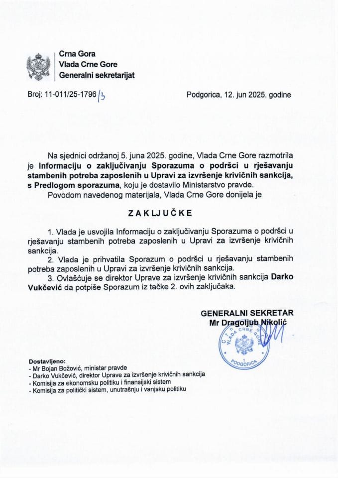 Informacija o zaključivanju Sporazuma o podršci u rješavanju stambenih potreba zaposlenih u Upravi za izvršenje krivičnih sankcija s Predlogom sporazuma - zaključci