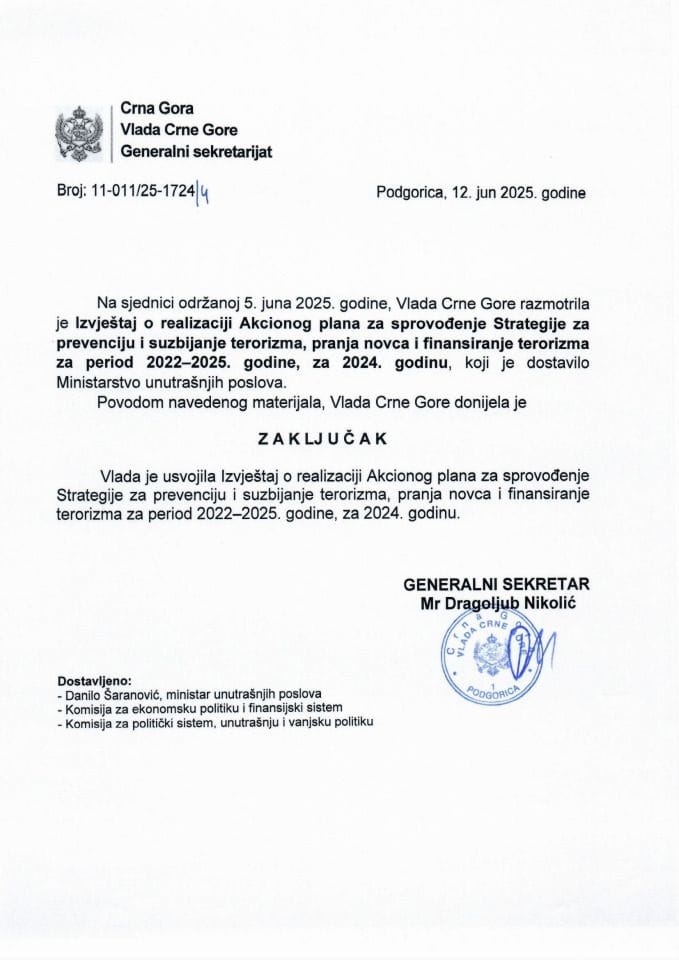 Izvještaj o realizaciji Akcionog plana za sprovođenje Strategije za prevenciju i suzbijanje terorizma, pranja novca i finansiranja terorizma za period 2022-2025. godine, za 2024. godinu - zaključci