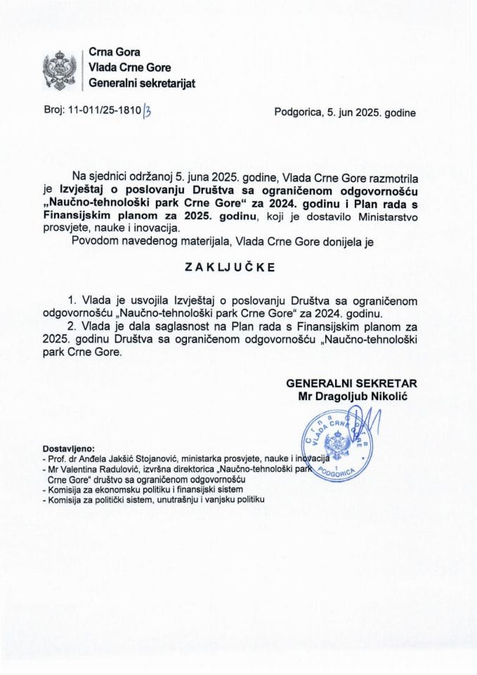 Izvještaj o poslovanju Društva sa ograničenom odgovornošću „Naučno-tehnološki park Crne Gore“ za 2024. godinu i Plan rada sa Finansijskim planom za 2025. godinu - zaključci