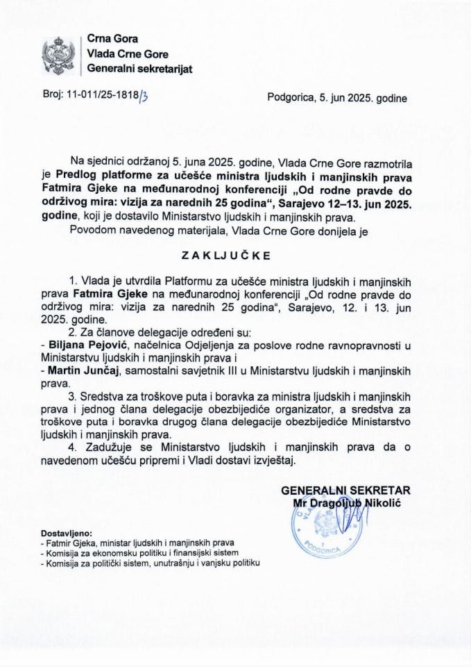 Predlog platforme za učešće ministra ljudskih i manjinskih prava Fatmira Gjeke na međunarodnoj konferenciji „Od rodne pravde do održivog mira: vizija za narednih 25 godina“, Sarajevo 12-13. jun 2025. godine - zaključci