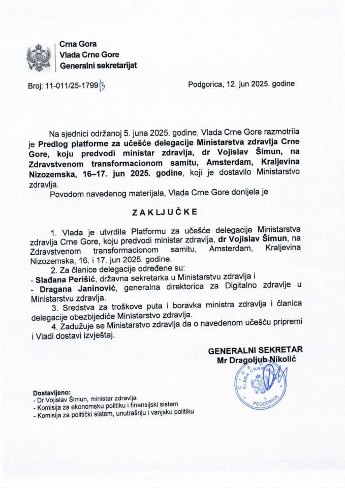 Predlog platforme za učešće delegacije Ministarstva zdravlja Crne Gore koju predvodi ministar zdravlja dr Vojislav Šimun, na Zdravstvenom transformacionom samitu, Amsterdam, Kraljevina Nizozemska, 16-17. jun 2025. godine - zaključci
