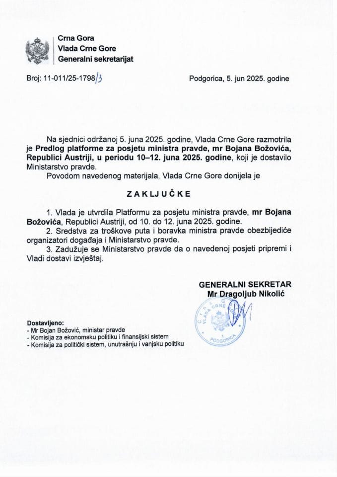 Predlog platforme za posjetu ministra pravde mr Bojana Božovića Republici Austriji, u periodu 10-12. jun 2025. godine - zaključci