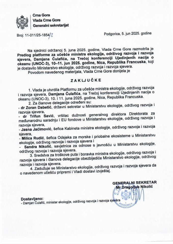 Предлог платформе за учешће министра екологије, одрживог развоја и развоја сјевера, Дамјана Ћулафића, на Трећој конференцији Уједињених нација о океану (UNOC-3), 10-11. јун 2025. године, Ница, Република Француска - закључци
