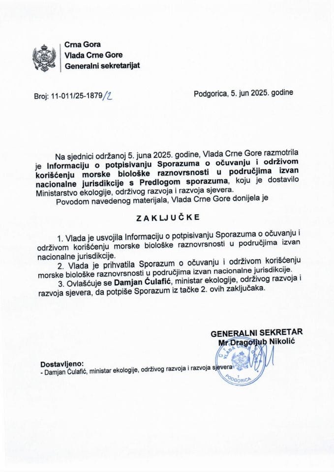 Информације о потписивању Споразума о очувању и одрживом коришћењу морске биолошке разноврсности у подручјима изван националне јурисдикције с Предлогом споразума - закључци