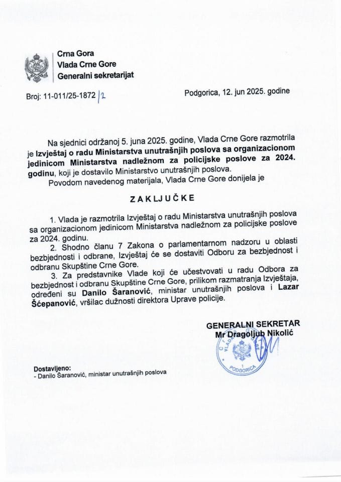 Izvještaj o radu Ministarstva unutrašnjih poslova sa organizacionom jedinicom Ministarstva nadležnom za policijske poslove za 2024. godinu - zaključci