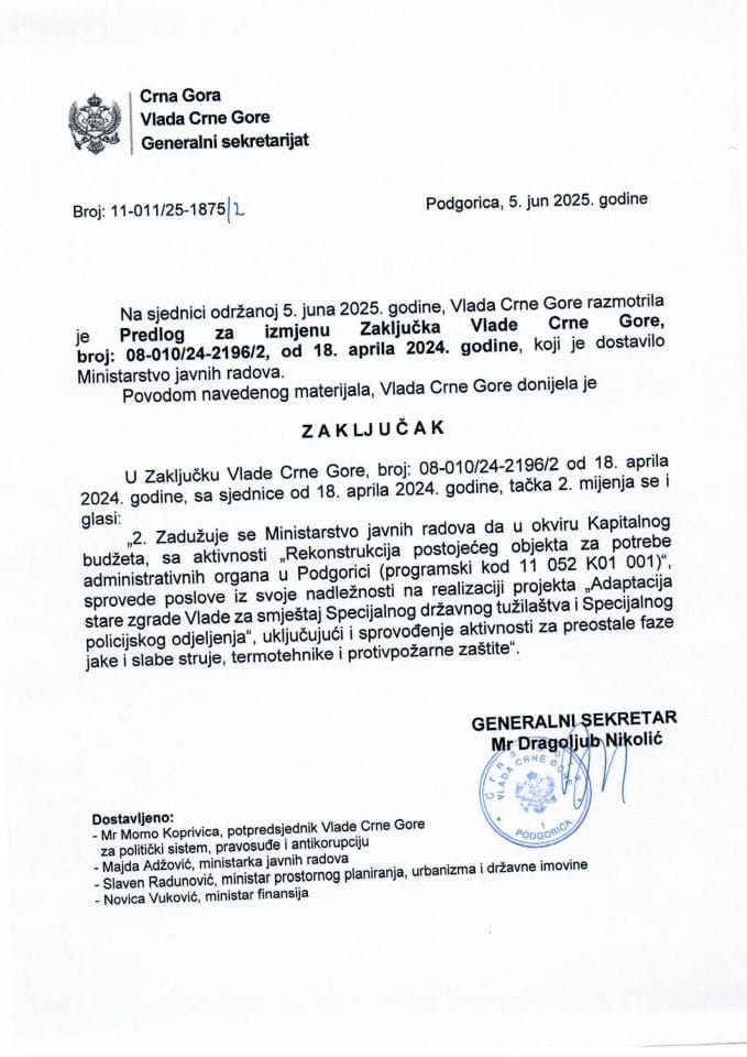 Predlog za izmejnu Zaključka Vlade Crne Gore, broj: 08-010/24-2196/2, od 18. aprila 2024. godine - zaključci