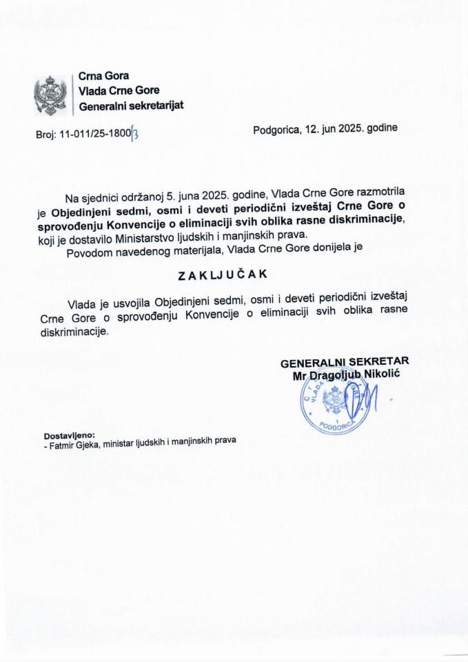 Objedinjeni sedmi, osmi i deveti periodični izveštaj Crne Gore o sprovođenju Konvencije o eliminaciji svih oblika rasne diskriminacije - zaključci