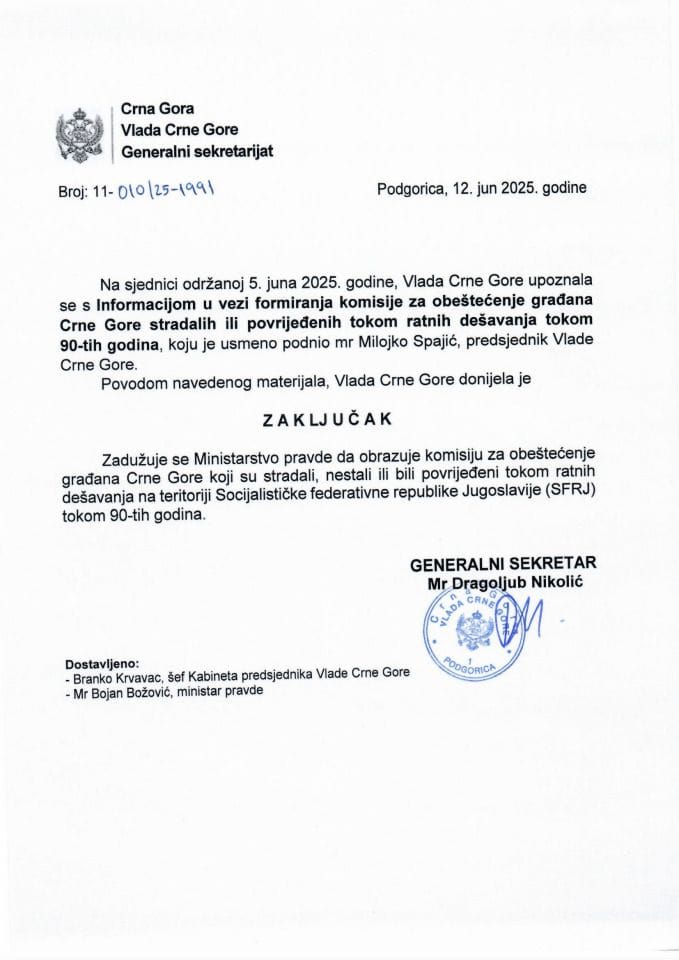 Usmena informacija u vezi formiranja komisije za obeštećenje građana Crne Gore stradalih ili povrijeđenih tokom ratnih dešavanja tokom 90-tih godina - zaključci