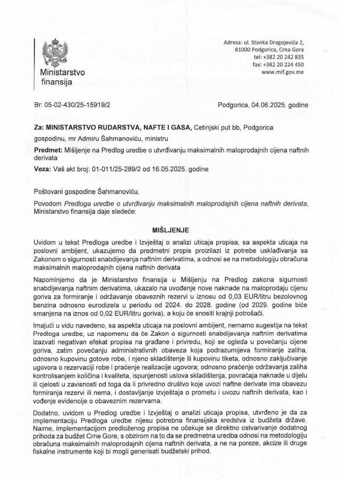 Mišljenje na Predlog uredbe o utvrđivanju maksimalnih maloprodajnih cijena naftnih derivata