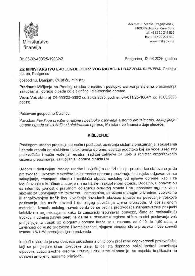 Mišljenje na Predlog uredbe o načinu i postupku osnivanja sistema preuzimanja, sakupljanja i obrade otpada od električne i elektronske opreme