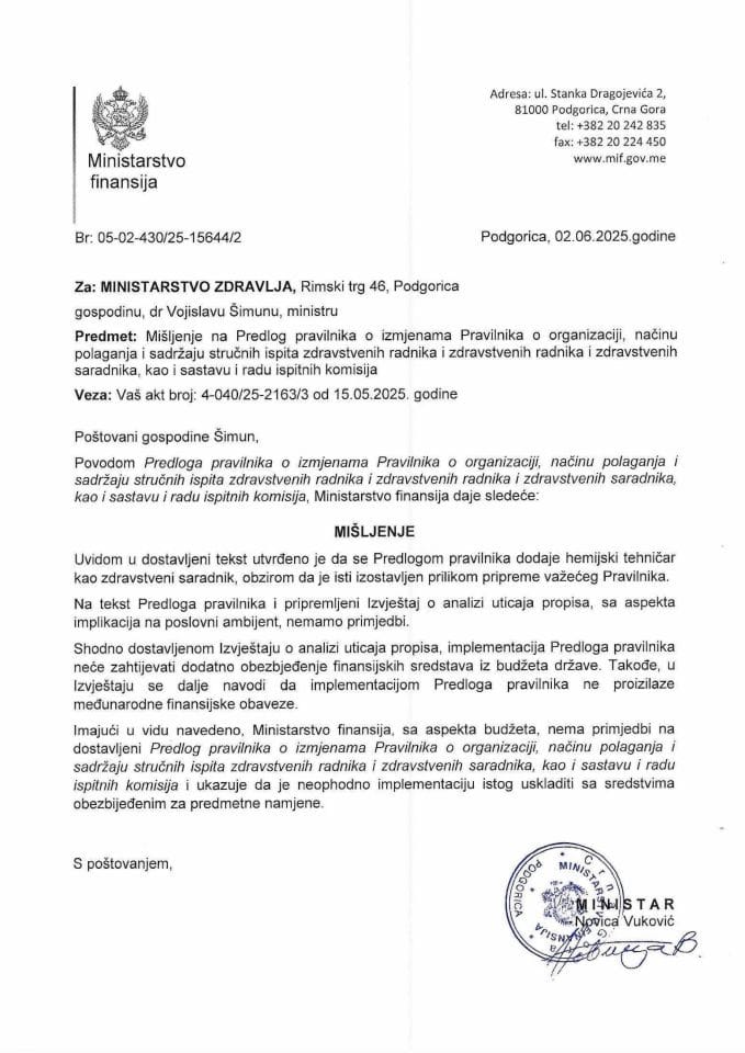 Mišljenje na Predlog pravilnika o izmjenama Pravilnika o organizaciji, načinu polaganja i sadržaju stručnih ispita zdravstvenih radnika