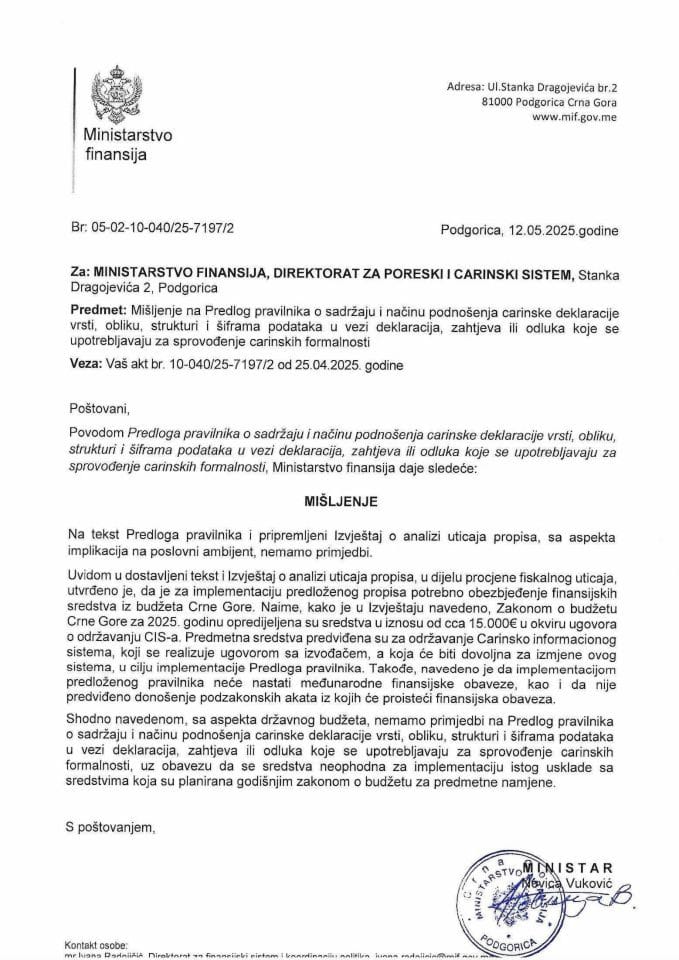 Mišljenje na Predlog pravilnika o sadržaju i nacinu podnošenja carinske deklaracije