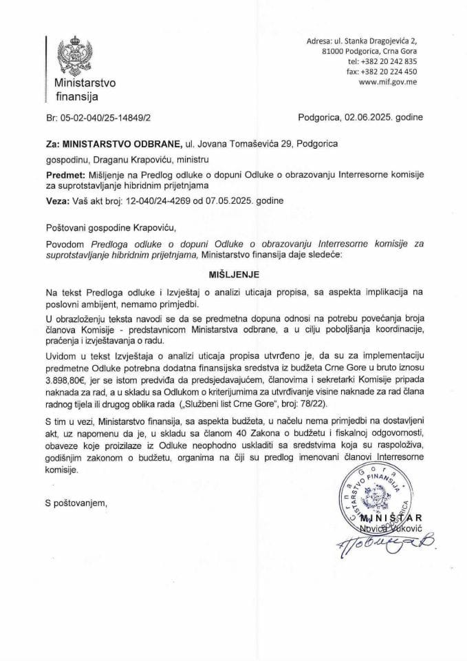 Mišljenje na Predlog odluke o dopuni Odluke o obrazovanju Interresorne komisije za suprotstavljanje hibridnim prijetnjama