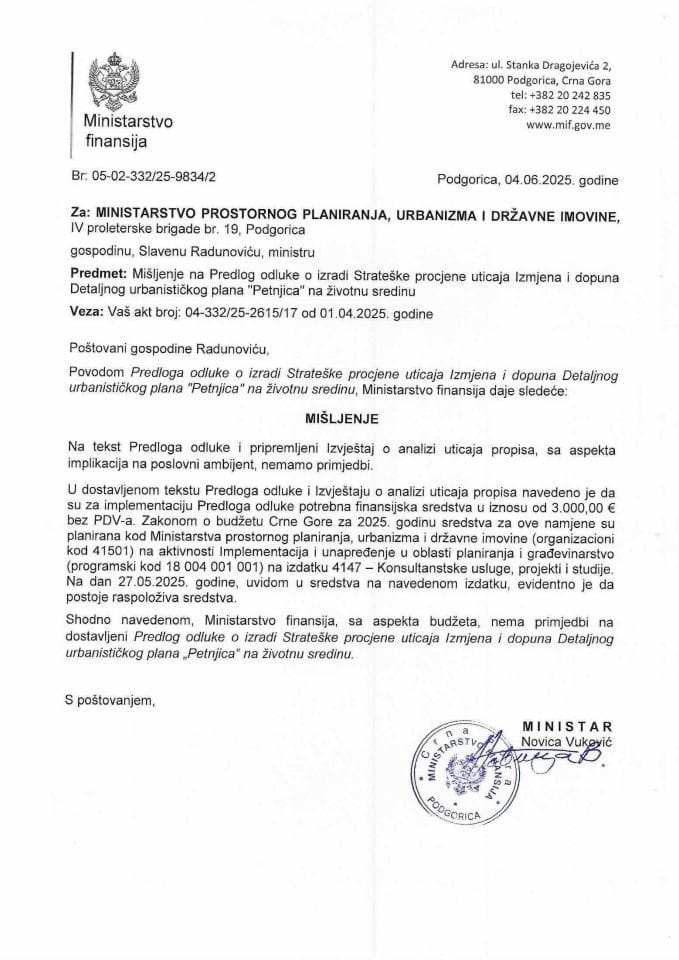 Mišljenje na Predlog odluke o izradi Strateške procjene uticajan Izmjena i dopuna Detaljnog urbanističkog plana Petnjica na životnu sredinu