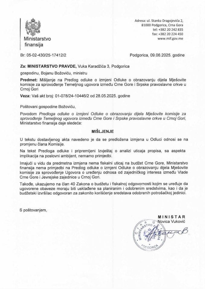 Mišljenje na Predlog odluke o izmjeni Odluke o obrazovaju dijela Mještovite komisije za sprovođenje Temeljnog ugovora između Crne Gore i SPC