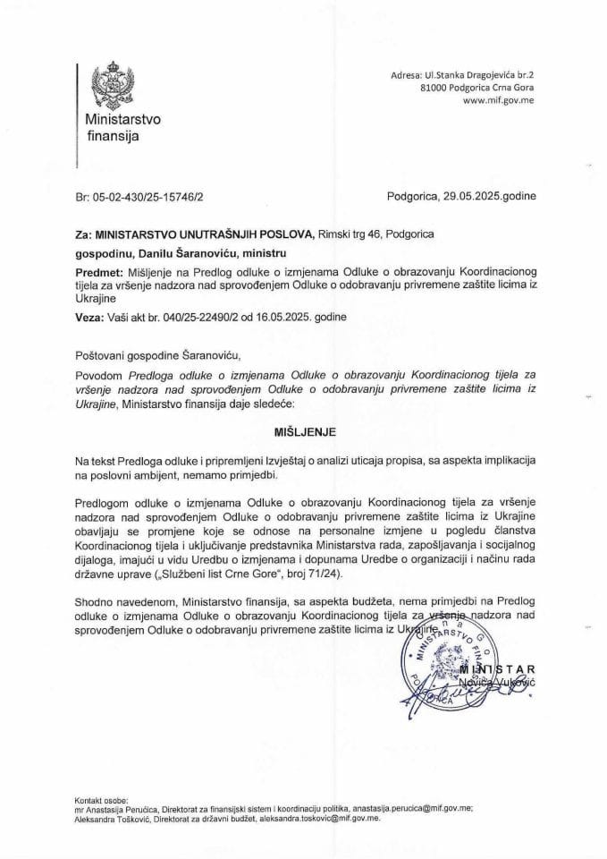 Mišljenje na Predlog odluke o izmjenama Odluke o obrazovanju KT za vršenje nadzora nad sprovođenjem Odluke o privremenoj  zaštiti licima iz Ukrajine