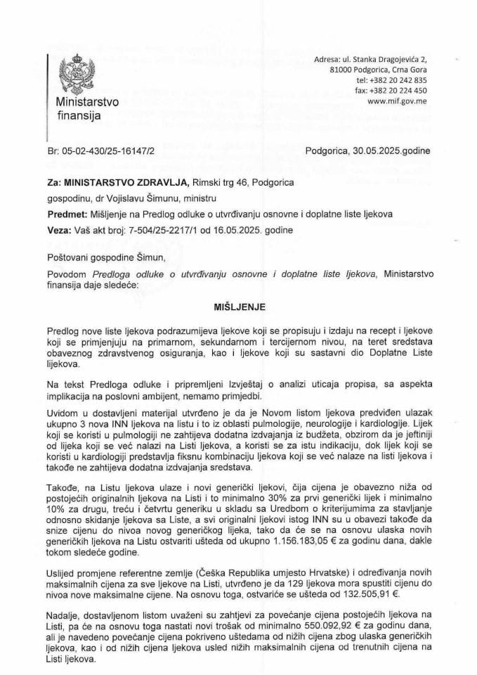 Mišljenje na Predlog odluke o utvrđivanju osnovne i doplatne liste ljekova