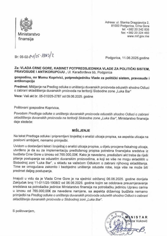 Mišljenje na Predlog odluke o unistenju duvanskih proizvoda
