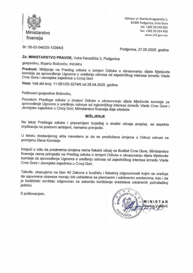 Mišljenje na Predlog odluke o izmjeni Odluke o obrazovanju dijela Mješovite komisije  Jevrejske zajednice u Crnoj Gori