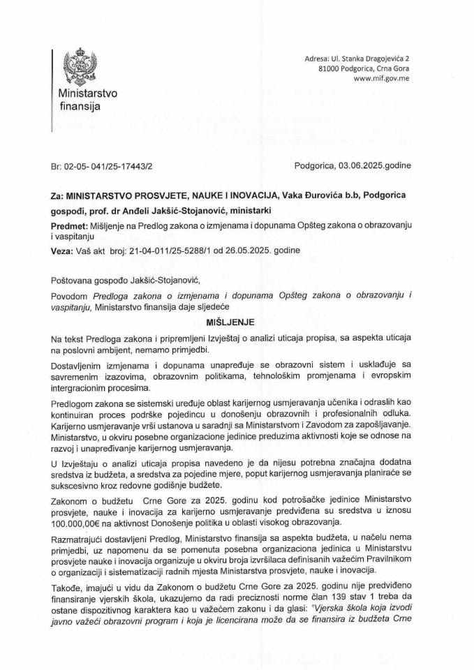 Mišljenje na Predlog zakona o izmjenama i dopunama Opšteg zakona o obrazovanju i vaspitanju