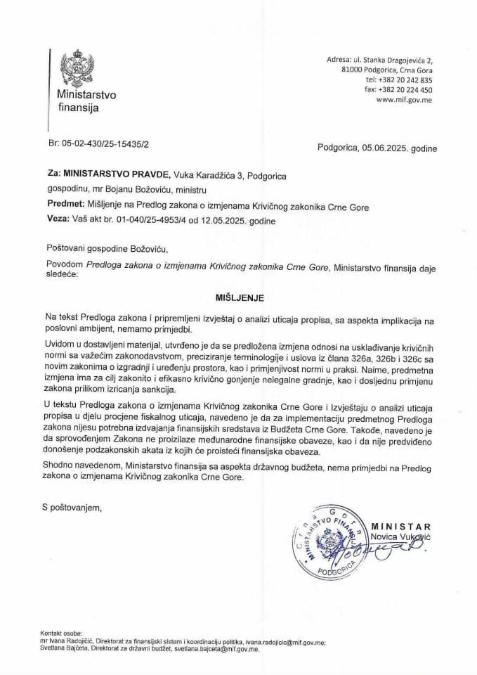 Mišljenje na Predlog zakona o Izmjenama Krivičnog zakonika Crne Gore