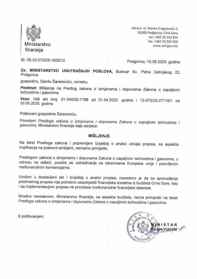 Mišljenje na Predlog zakona o izmjenama i dopunama Zakona o zapaljivim tečnostima i gasovima