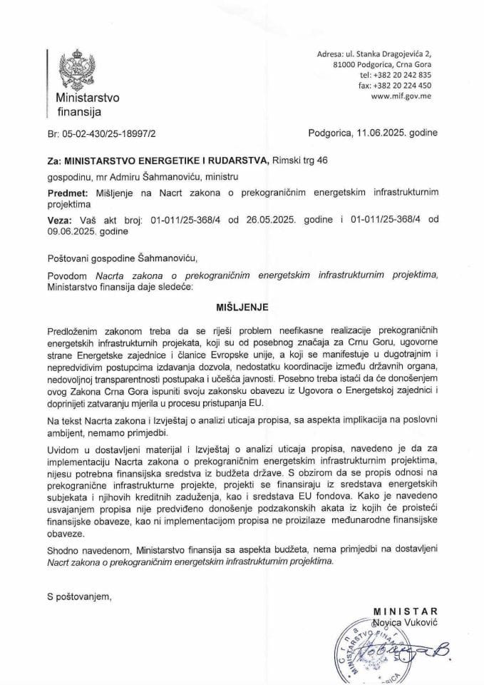 Mišljenje na Nacrt zakona o prekograničnim energetskim infrastrukturnim projektima