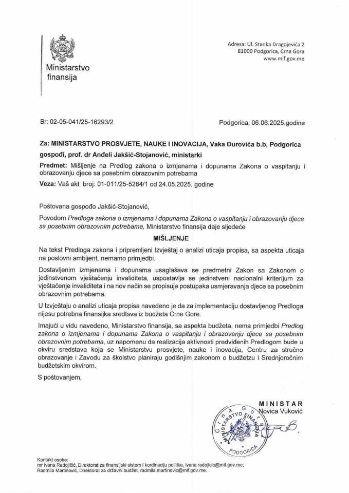 Mišljenje na Predlog zakona o izmjenama i dopunama Zakona o vaspitanju i obrazovanju djece sa posebnim obrazovnim potrebama