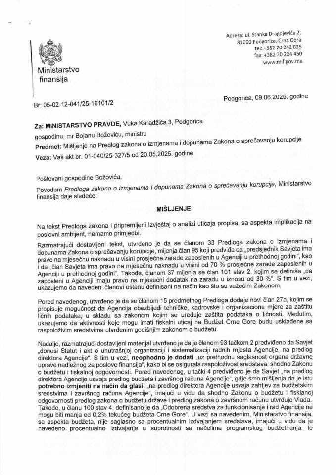 Mišljenje na Predlog zakona o izmjenama i dopunama Zakona o sprecavanju korupcije